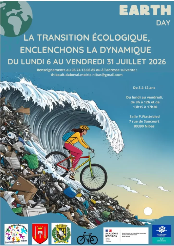 Affiche évènement transition écologique à Nibas Une femme à vélo dans un rouleau de vague avec des déchets autours pour l'évènement transition écologique du 6 au 31 juillet 2026 à Nibas